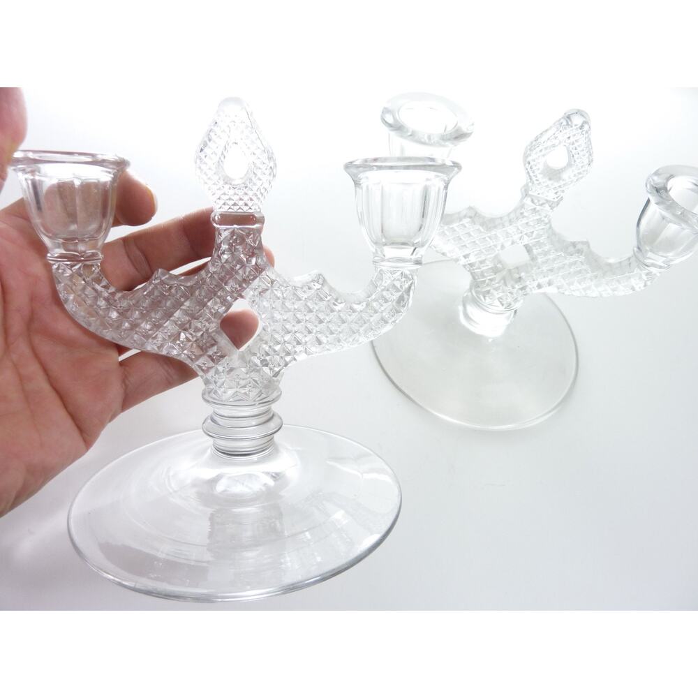 Vintage Double Light Clear Glass Candle Holder Hobnail Two Light Candelabra Pair